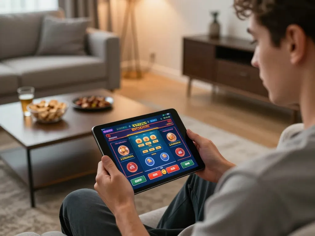 Engaging in online casinos in Canada reddit with vibrant casino app on tablet in modern living room.