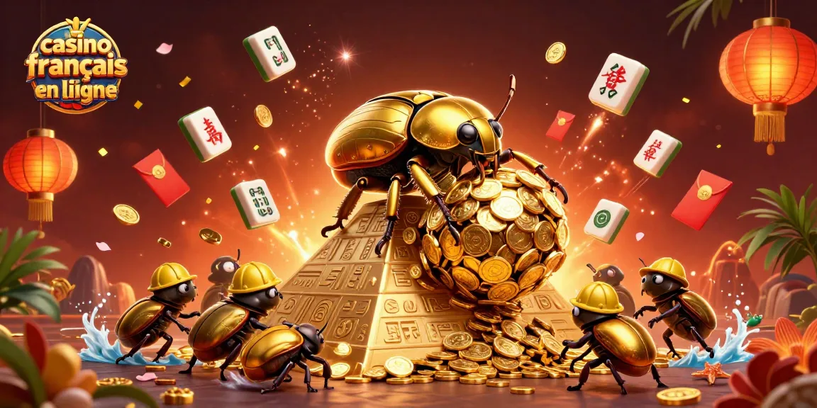Jouez sur casino français en ligne avec un scarabée géant en or et des symboles de casino flottants.