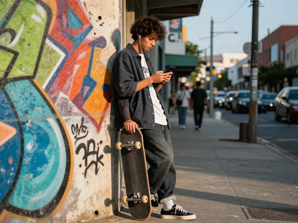 Stylish individual with rokok88 skateboard enjoying urban lifestyle in vibrant graffiti setting.