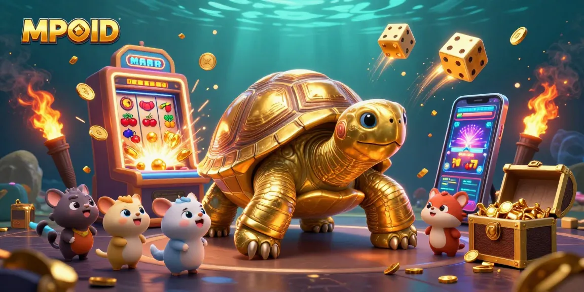MPOID gaming scene featuring a golden tortoise pinball machine, slot jackpot, and vibrant casino game elements.