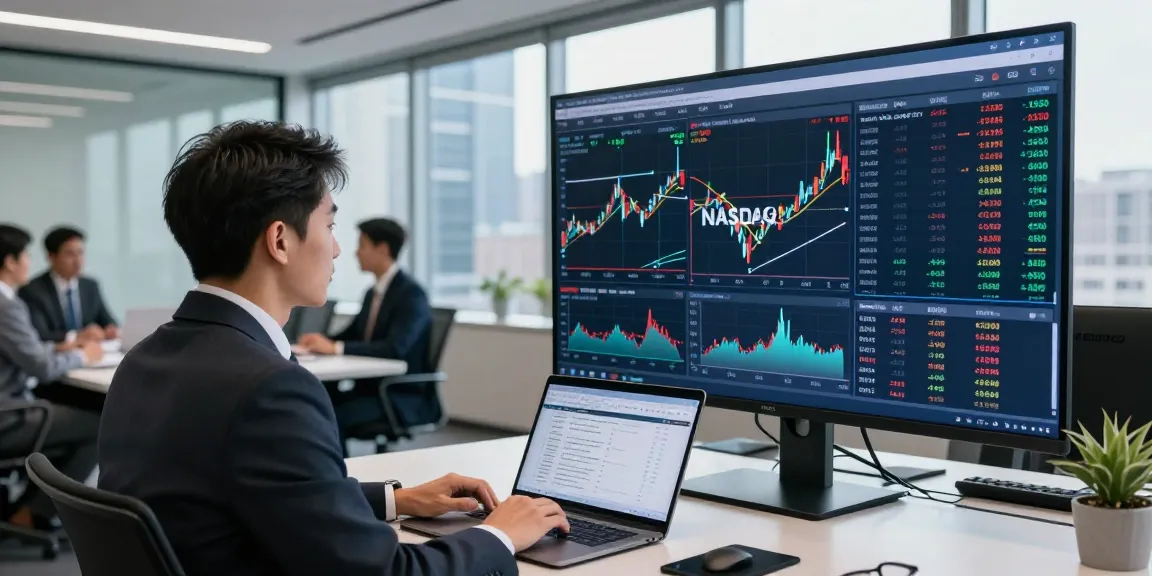 Financial analyst reviewing NASDAQ live data on large screen in a modern office setting, highlighting key stock market trends.