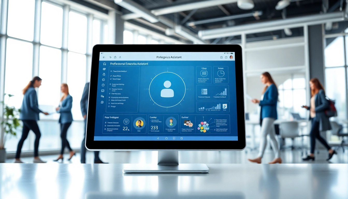 Engaging interface of an enterprise assistant for teams shown in a collaborative office environment.