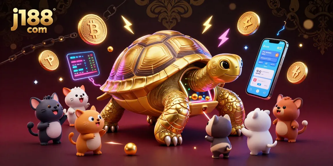 Engage with j188 com’s vibrant gameplay featuring a colossal tortoise pinball machine with neon coins.