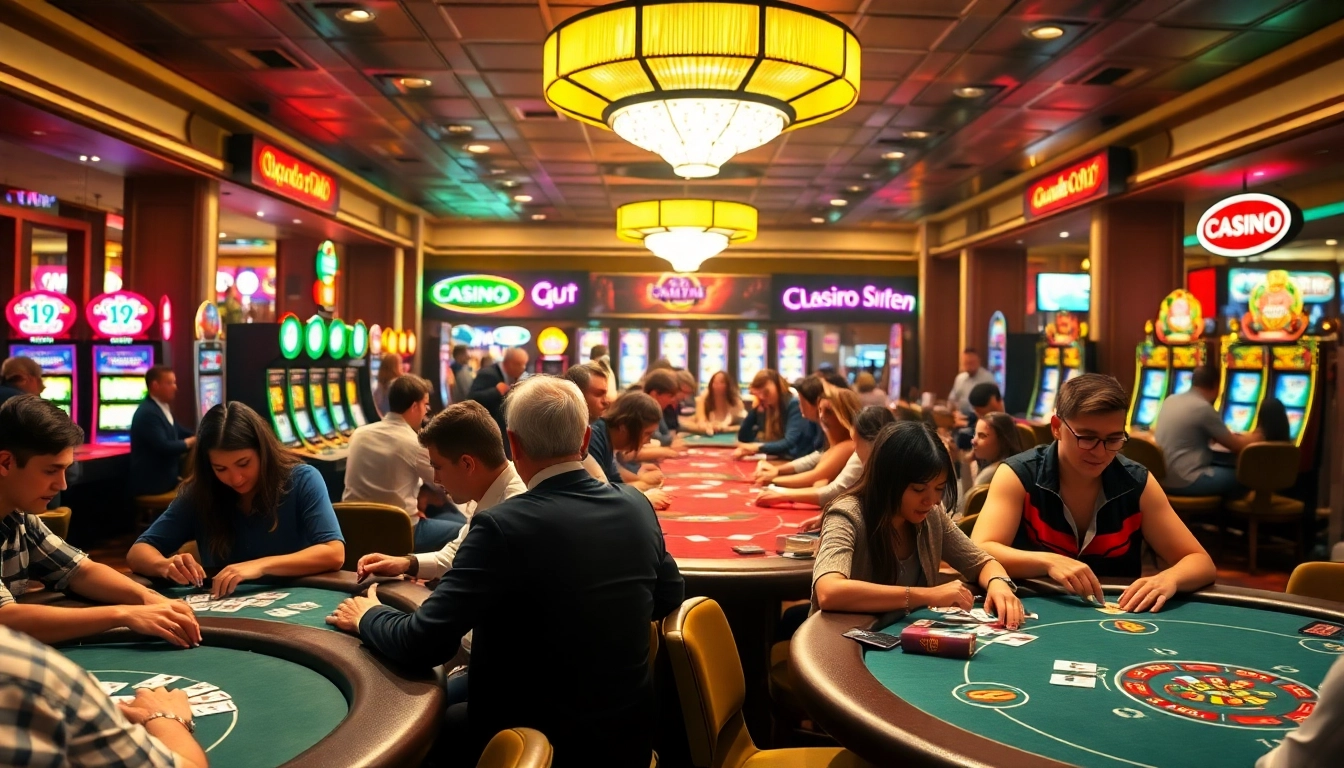 Spieler beim casino spielen in einem lebhaften Kasino mit bunten Spielautomaten.