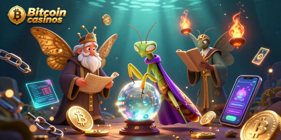 Jouez aux Bitcoin casinos avec des créatures mystiques et des pièces flottantes illuminées.