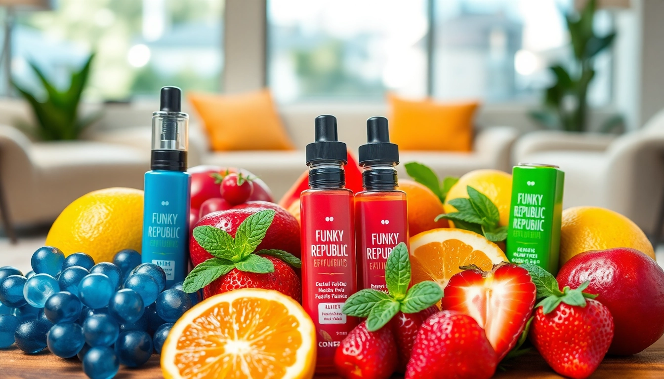Showcasing funky republic vape flavors with vibrant packaging and fresh ingredients.