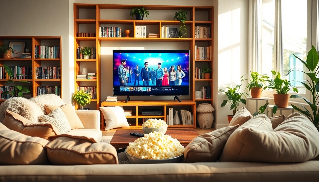 Watch TV series online free in a cozy living room setting with a flat-screen TV and popcorn.