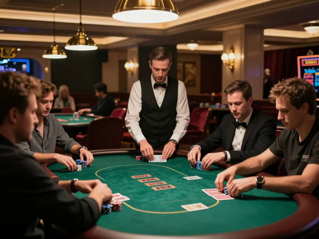 Pemain poker yang menyusun strategi dengan chip dan kartu di lingkungan kasino mewah