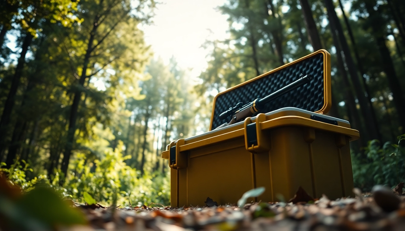 Showcase a pelican rifle case in an outdoor setting with natural elements highlighting its features.
