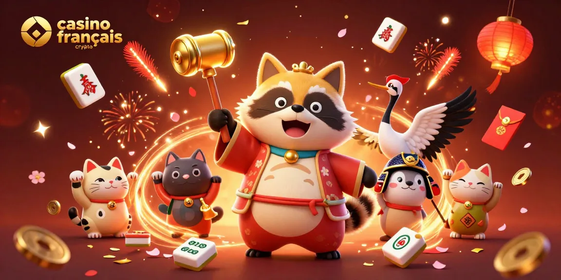 Une illustration dynamique montrant un tanuki, un héron et des maneki-neko célébrant au casino français crypto avec des éléments festifs.