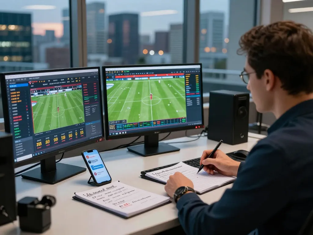 Kèo nhà cái expert analyzing live betting odds with multiple screens in a modern office environment.