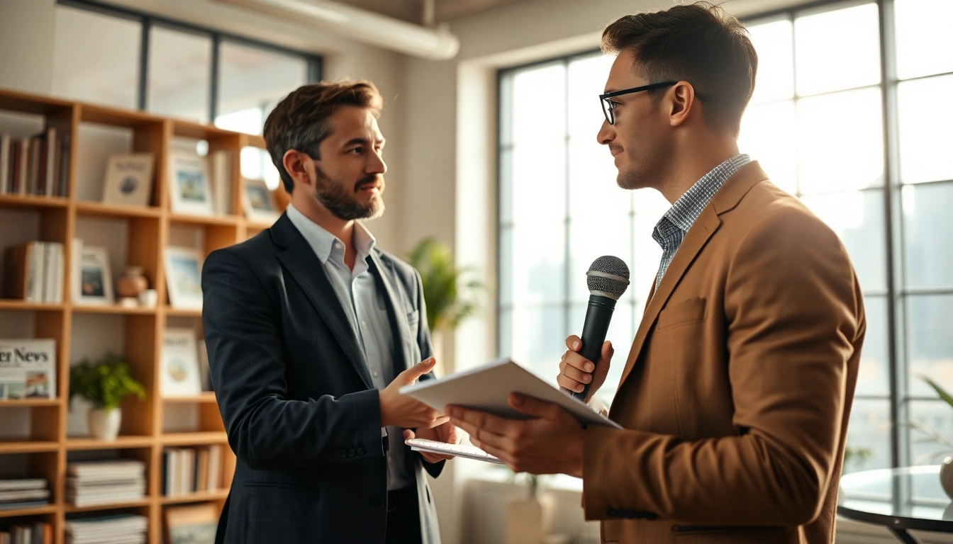 News journalist interviewing a source in a bright office environment.