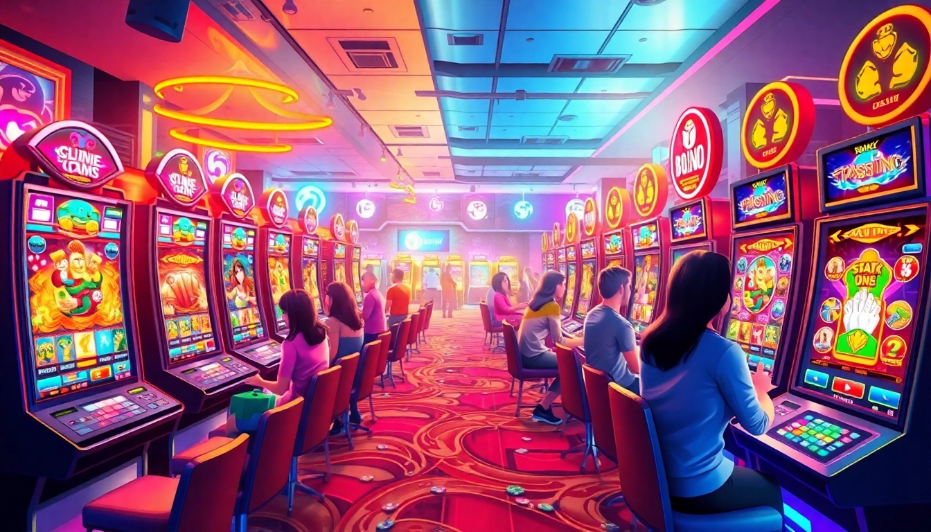 Permainan slot Istana777 yang menarik dengan layar penuh warna dan pemain yang bersemangat.