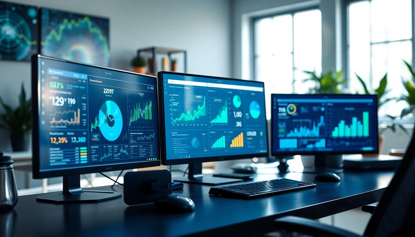 Visual representation of AI for competitor analysis tools showcasing data insights on digital screens.