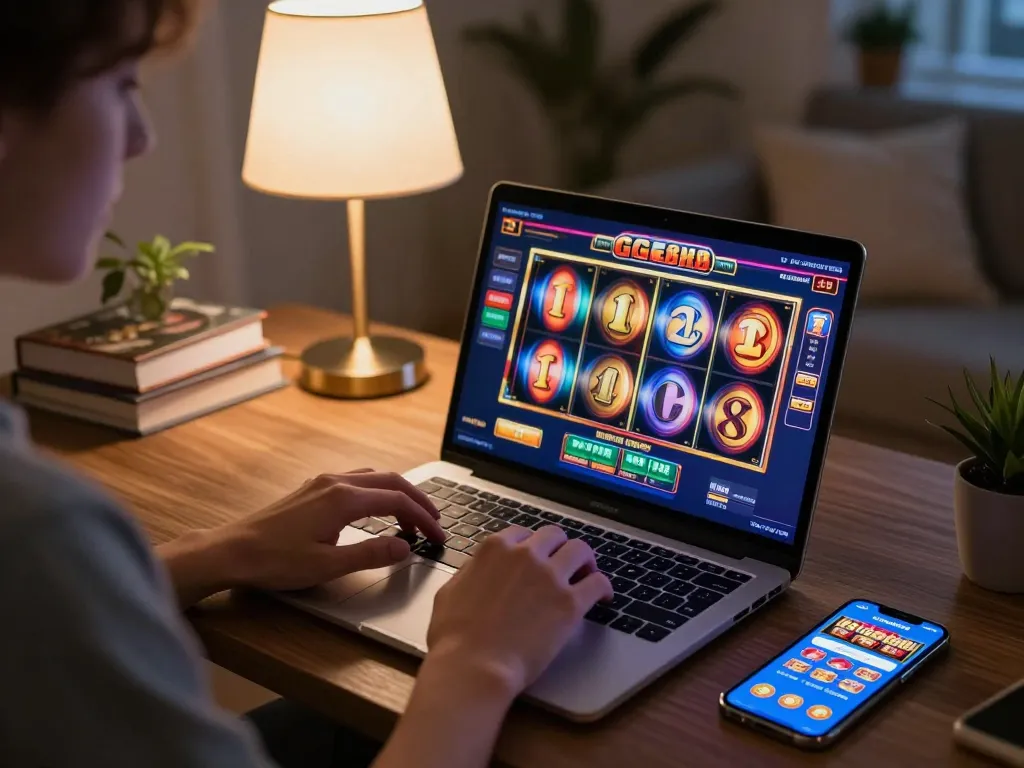 Player enjoying slots on GG88 casino app in a cozy home environment.