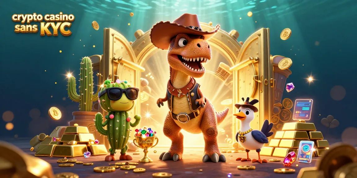 Un casino crypto sans KYC où un dinosaure cowboy, un cactus et un oiseau de route explorent des trésors.