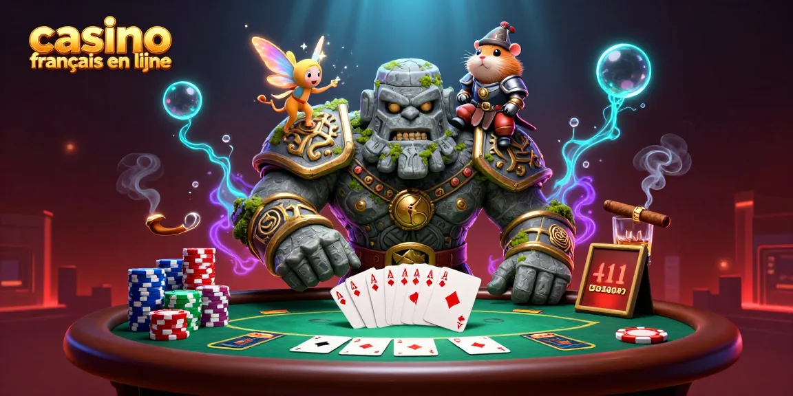 Illustration animée mettant en scène un golem gardien en pierre et un hamster chevalier sur un casino français en ligne.