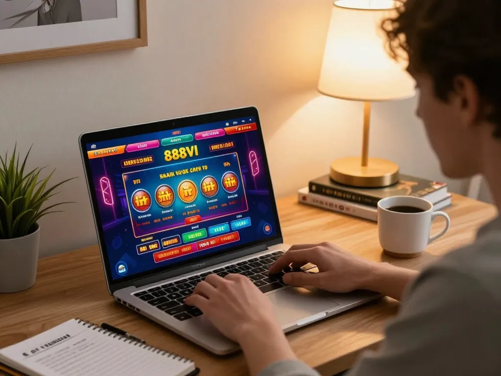 Engaged player using 888VI casino app on laptop for online gaming strategy