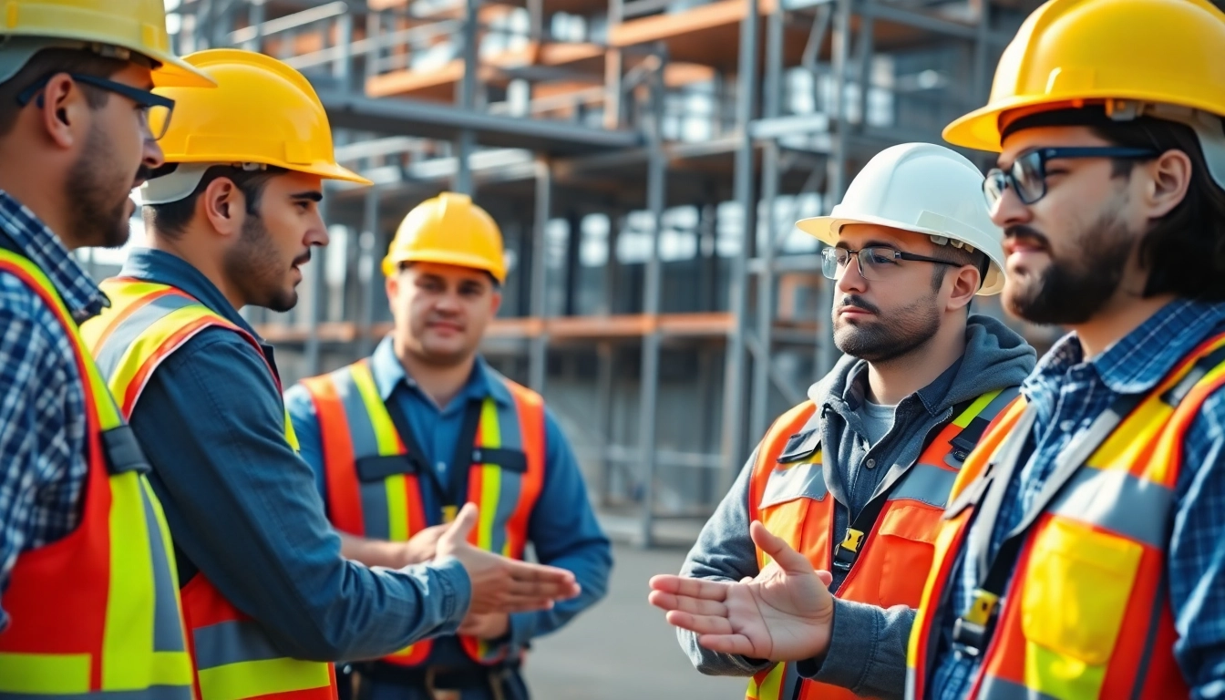 Workers attending construction safety classes at an outdoor training site.