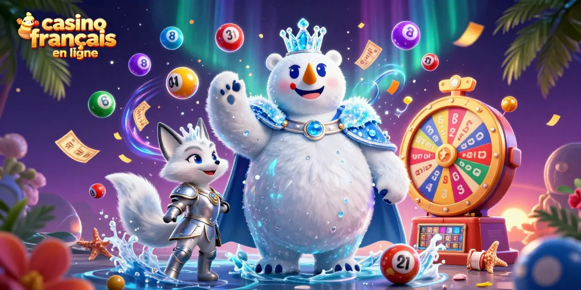 Jouez aux machines à sous sur le casino français en ligne, avec des boules de loterie colorées et des éléments de jeu vibrants.