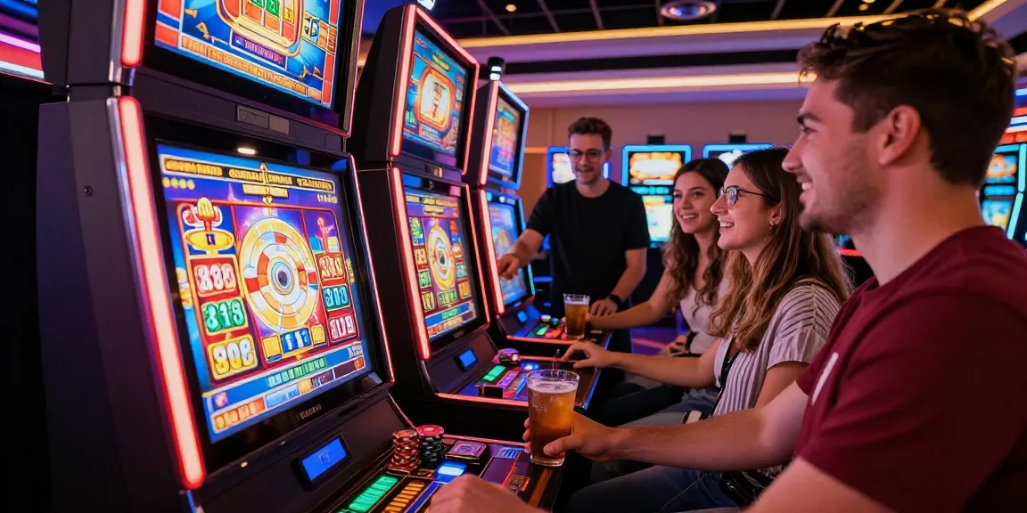 Excited friends playing slot gacor in a lively casino atmosphere.