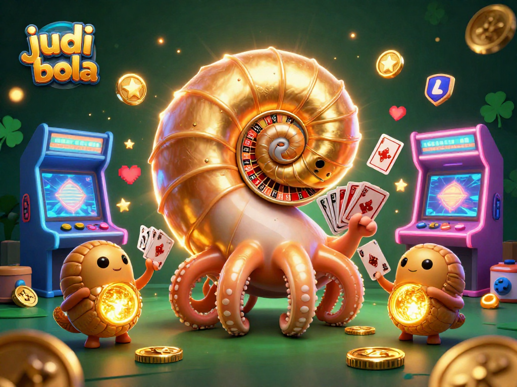 Engage in judi bola with a vibrant 3D illustration of a nautilus roulette wheel amidst lively casino elements.