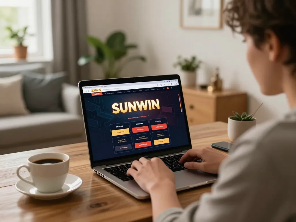 SUNWIN player strategizing at home with laptop showing exciting gaming options, relaxed atmosphere.