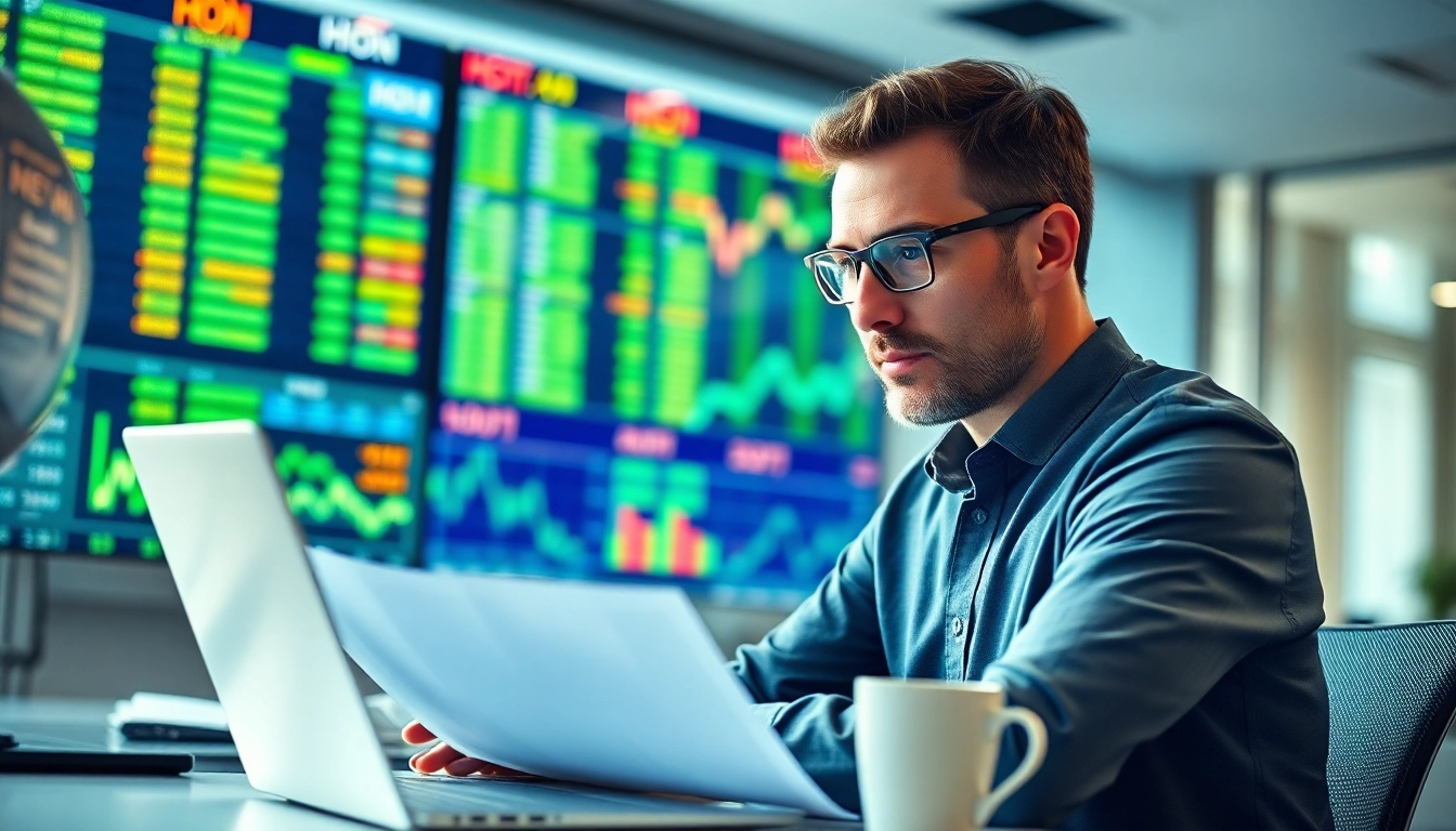 Analyze HON stock price trends in a professional office setting with stock market screens.