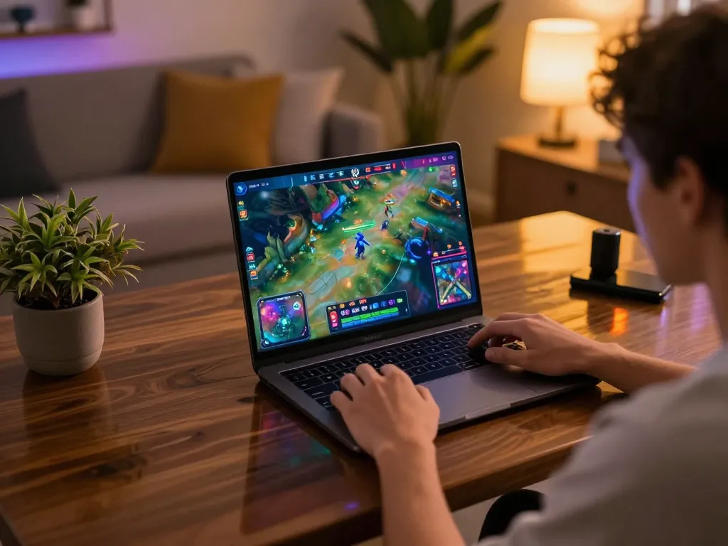 Player enjoying RR88 online gaming experience on a laptop in a cozy setting