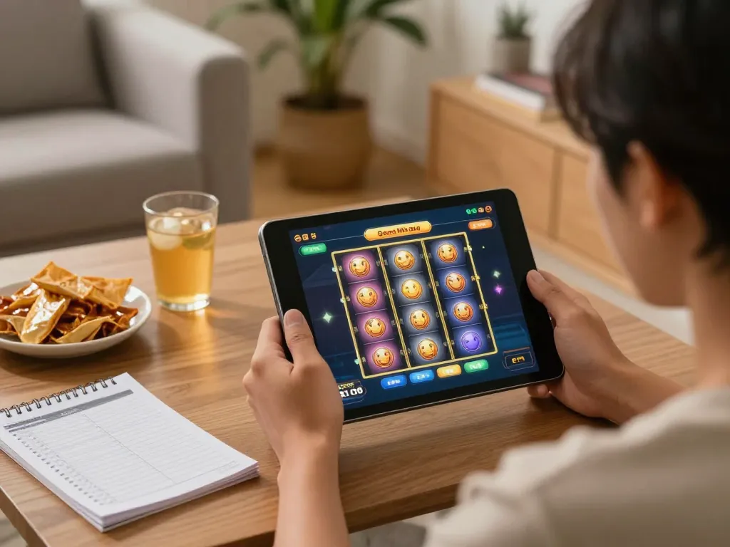 Permainan yang menarik di slot gacor dengan tablet di pengaturan rumah yang nyaman