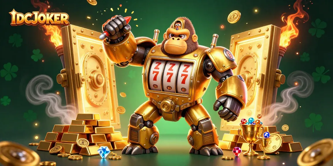 IDCJOKER showcases an explosive scene with a golden gorilla mech and treasures, promising thrilling slot gameplay.