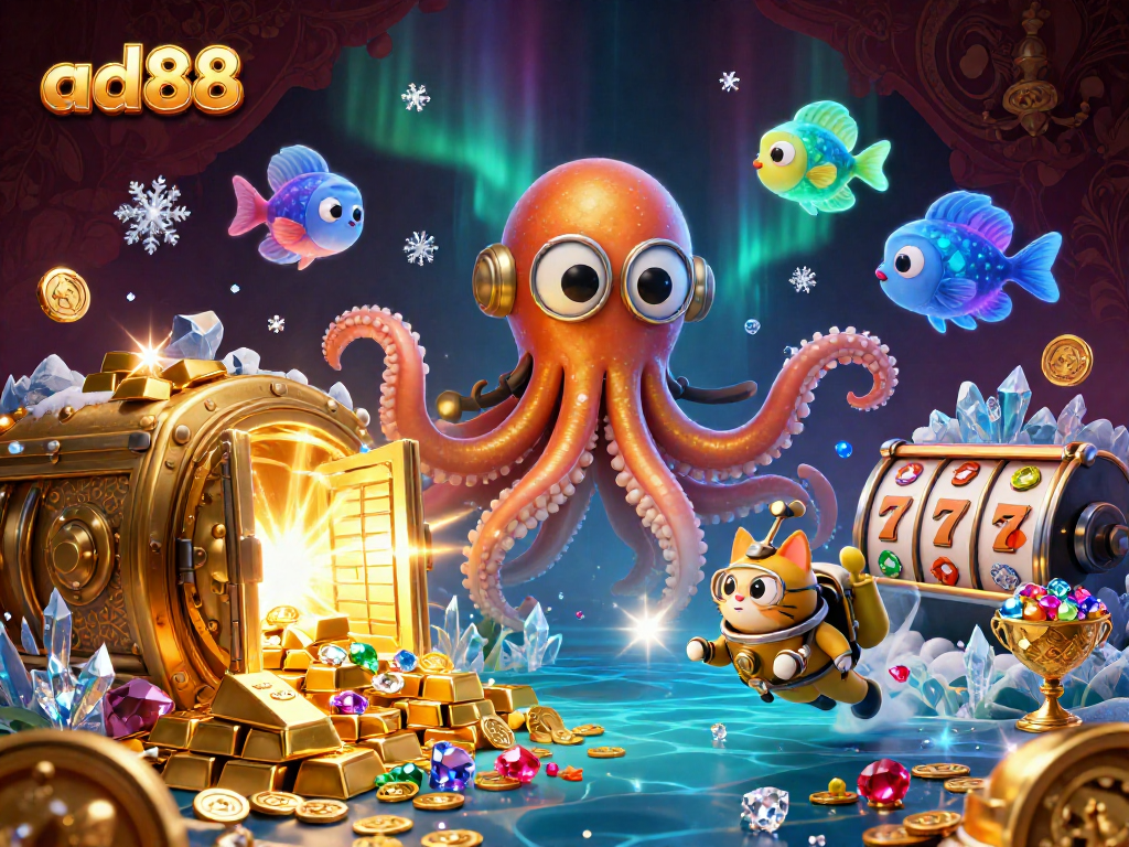 Engage with ad88's thrilling casino extravaganza featuring a kraken and treasure elements.