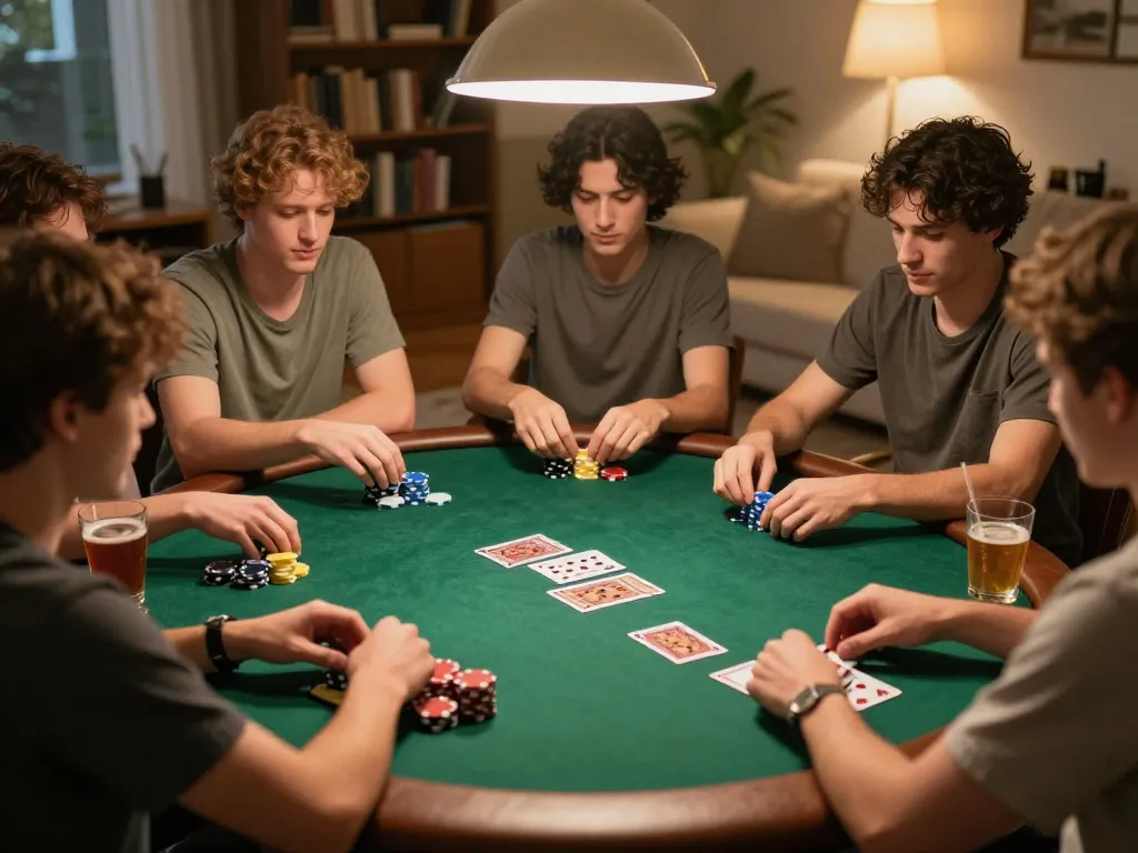 Cootersbackyardbarandgrill poker night with friends at home, colorful chips, casual atmosphere.