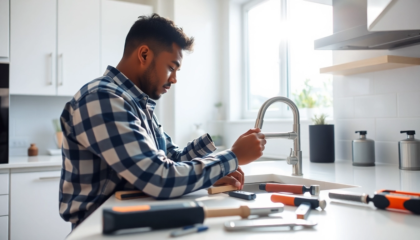 Bristol plumber repairing a leaky pipe in a bright kitchen with modern decor.