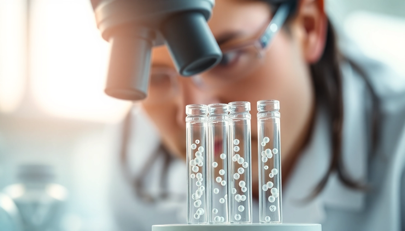 Scientist analyzing peptides under a microscope in a bright laboratory setting.