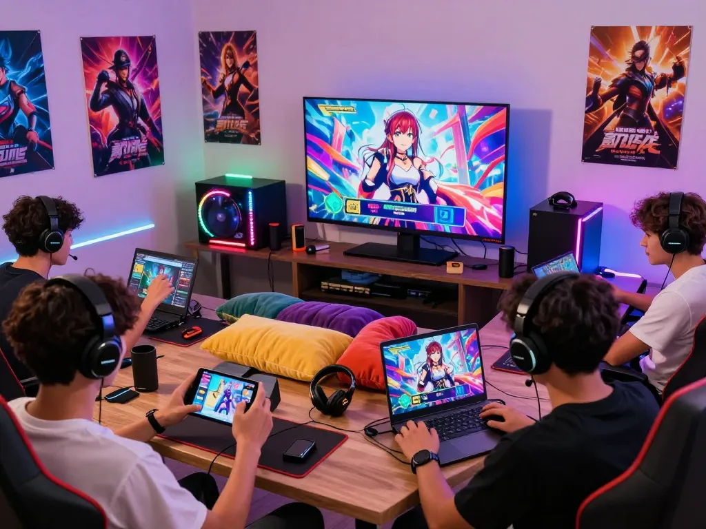 Engaged players enjoying a free porn game on multiple devices in a lively gaming environment.