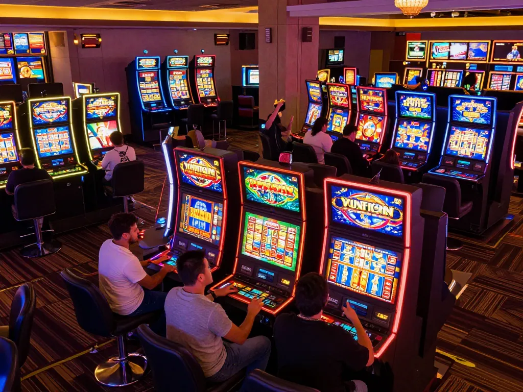 Engaging players at slot depo 10k dana enjoying thrilling casino slot machines in a vibrant atmosphere