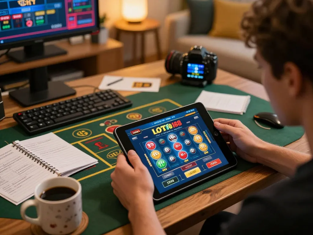 Engaged player using LOTO188 COM for online gaming, surrounded by strategy notes and a cozy atmosphere.