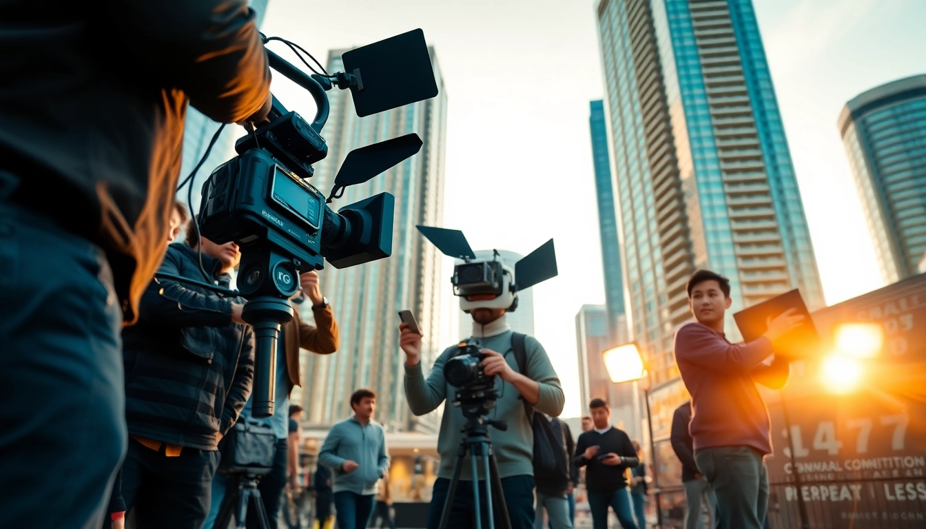 Engaged team of edmonton production companies filming in an urban setting.