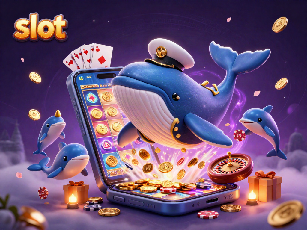 Craft winning strategies at slot games with a vibrant 3D whale and casino elements.