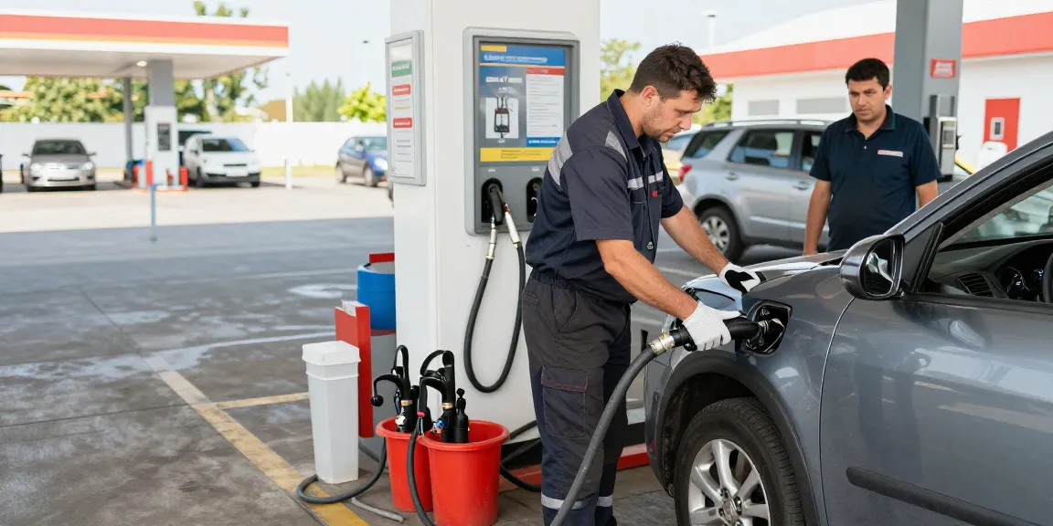 Diesel in petrol car recovery process with expert technician draining fuel, showcasing professional automotive service.