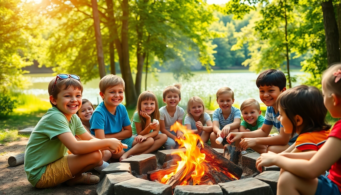 Campers enjoying activities at a coed summer camp in a lively outdoor setting.