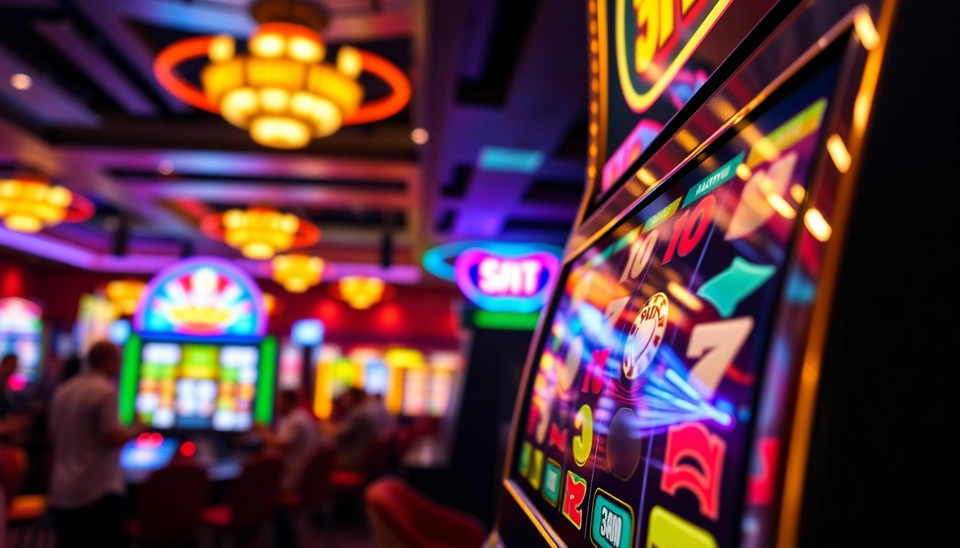 Engaging slot machine in a vibrant casino setting, showcasing colorful reels and joyful players.