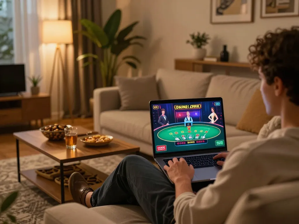 Engaging in casino online esteri gameplay on a laptop in a comfortable home environment.