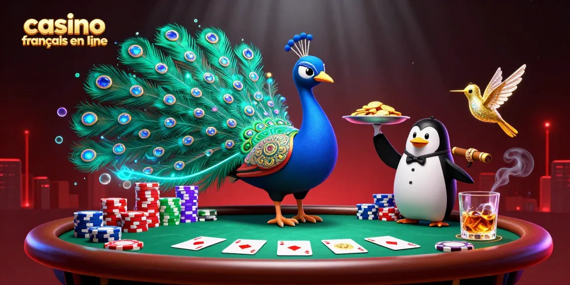 casino francais en ligne, le paon en plein déploiement entouré de jetons et cartes sur une table de poker.