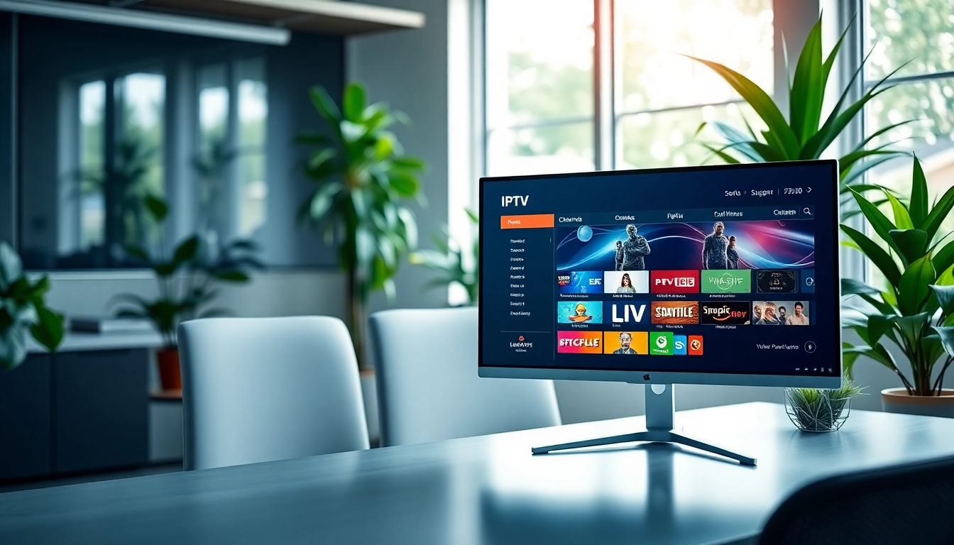 Showcasing an IPTV panel interface with vibrant channel listings in a modern workspace.