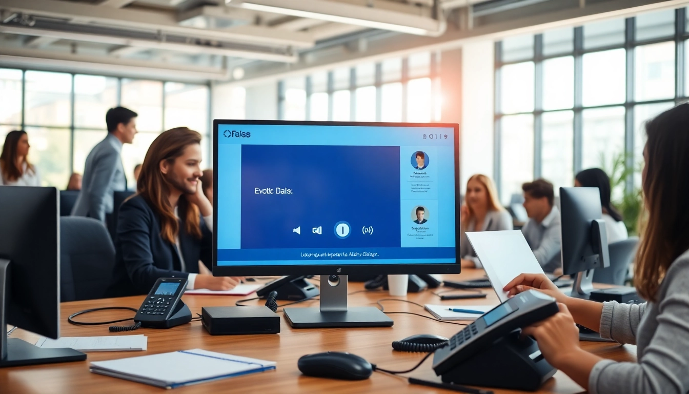 Auto dialer software interface in an office setting with a diverse team communicating effectively.