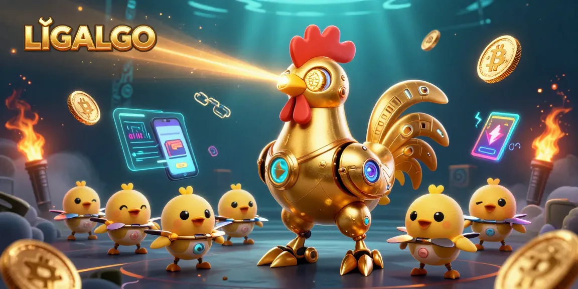 LIGALGO delivers stunning gameplay with a golden rooster robot surrounded by exciting cryptocurrency symbols and gaming elements
