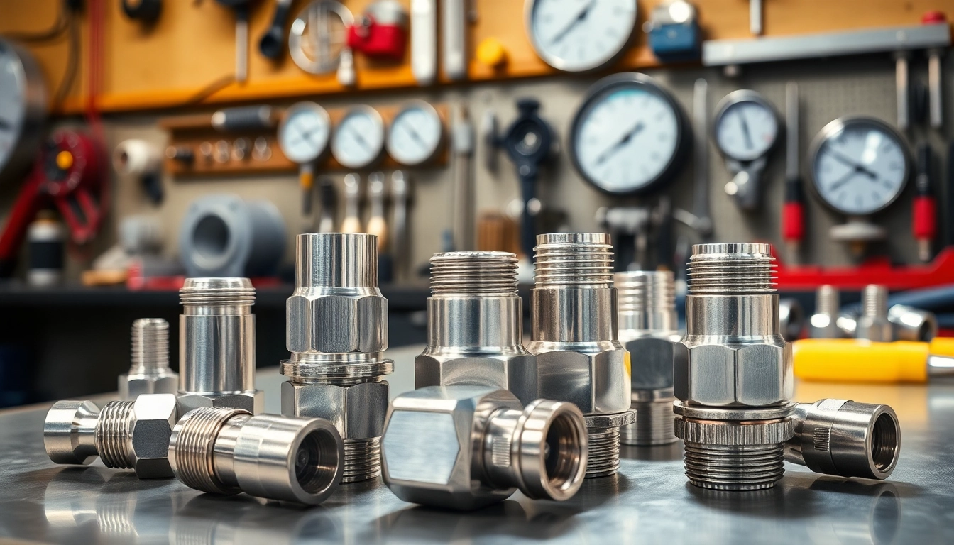 Visualize high-pressure AN fittings displayed prominently on a workbench in an engineering workshop.