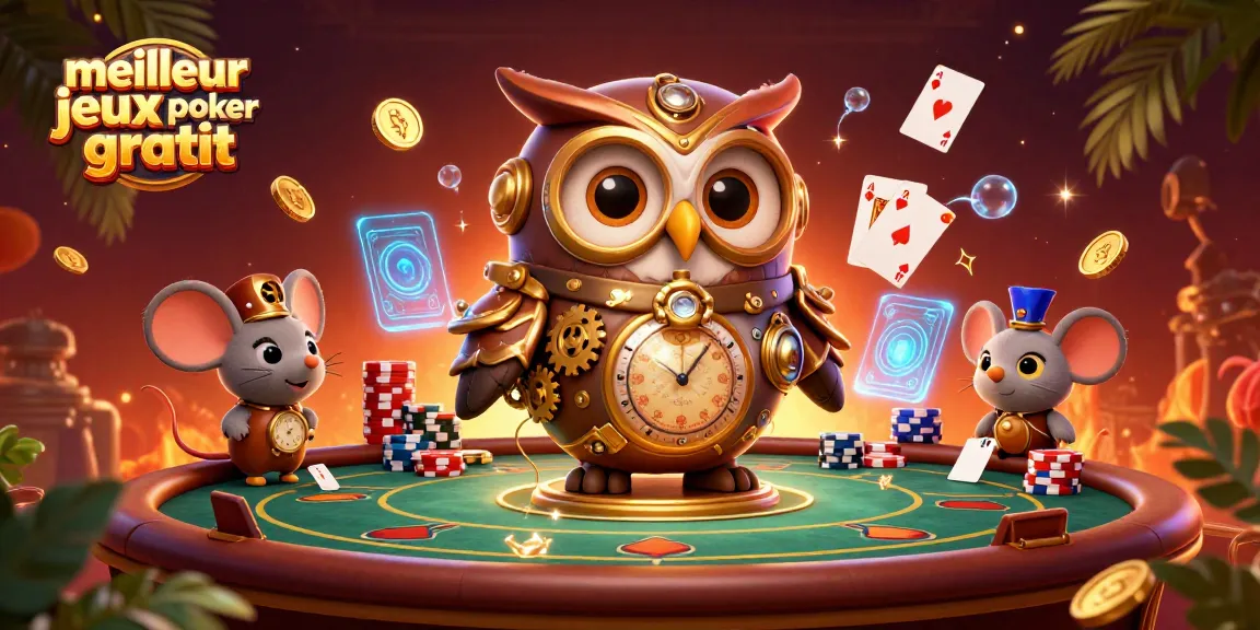 Jouez au meilleur jeux de poker gratuit dans cet environnement animé avec des cartes et jetons sur une table de poker.